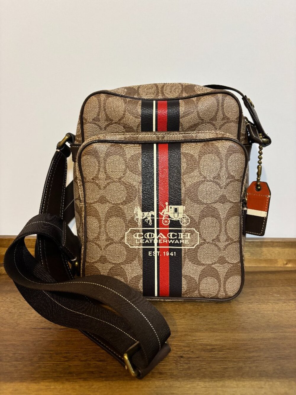 Coach Heritage Signature Khaki Coated Canvas Red Black Stripe Flight Crossbody
